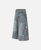 DAXUEN High-waisted wide-leg denim culottes with floral embroidery