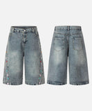 DAXUEN High-waisted wide-leg denim culottes with floral embroidery