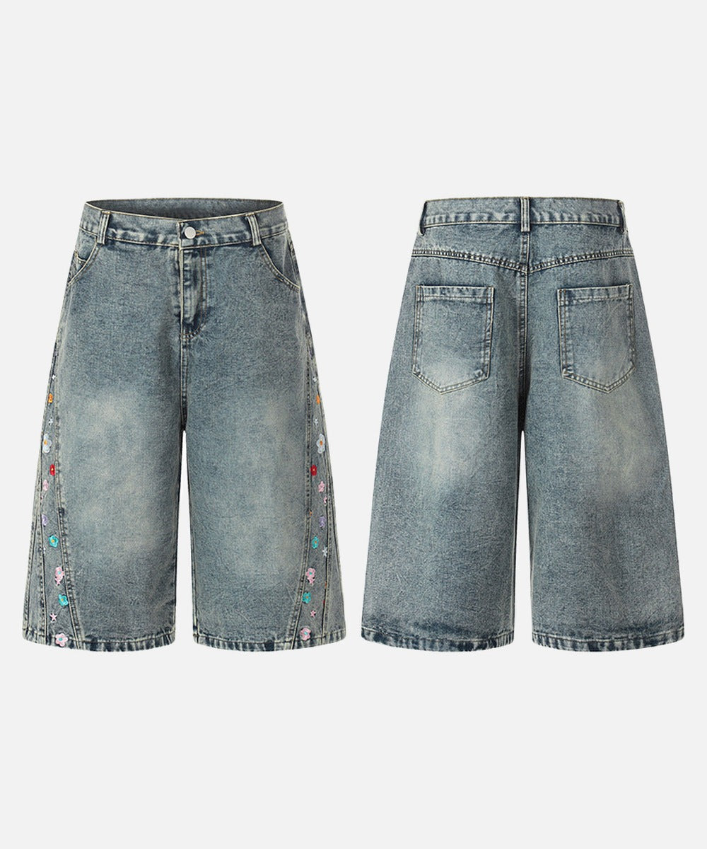 DAXUEN High-waisted wide-leg denim culottes with floral embroidery
