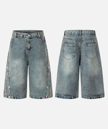 DAXUEN High-waisted wide-leg denim culottes with floral embroidery