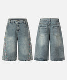 DAXUEN High-waisted wide-leg denim culottes with floral embroidery