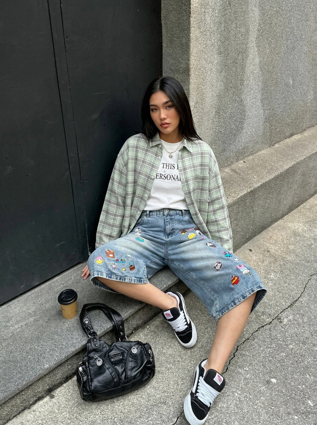 DAXUEN Pair of high-waisted, wide-leg denim culotte shorts — model photo