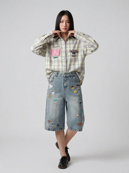 DAXUEN Pair of high-waisted, wide-leg denim culotte shorts — model photo