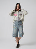 DAXUEN Pair of high-waisted, wide-leg denim culotte shorts — model photo