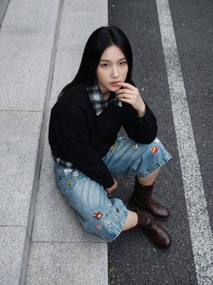 DAXUEN Pair of high-waisted, wide-leg denim culotte shorts — model photo