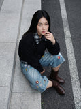 DAXUEN Pair of high-waisted, wide-leg denim culotte shorts — model photo