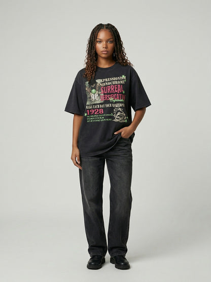 DAXUEN Retro graphic oversized T-shirt with multi-layered print — model photo