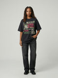 DAXUEN Retro graphic oversized T-shirt with multi-layered print — model photo