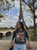 DAXUEN Retro graphic oversized T-shirt with multi-layered print — model photo