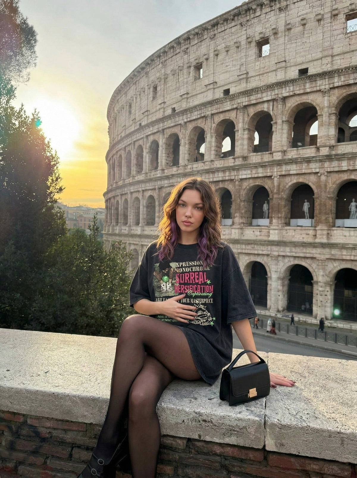 DAXUEN Retro graphic oversized T-shirt with multi-layered print — model photo
