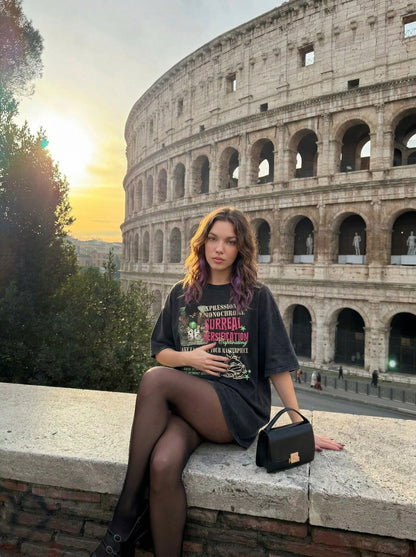 DAXUEN Retro graphic oversized T-shirt with multi-layered print — model photo