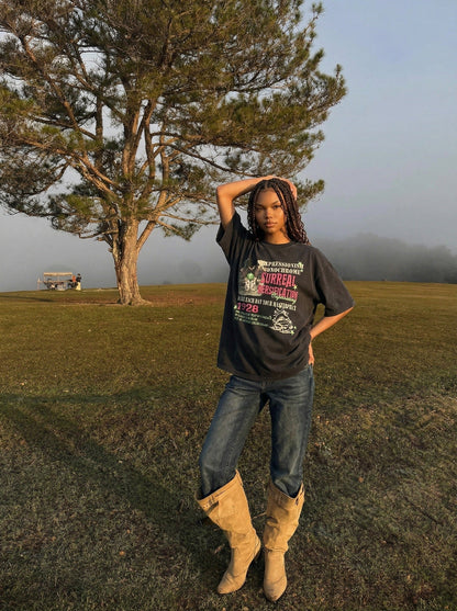 DAXUEN Retro graphic oversized T-shirt with multi-layered print — model photo