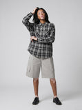 DAXUEN Pair of light grey relaxed-fit herringbone cargo shorts — model photo