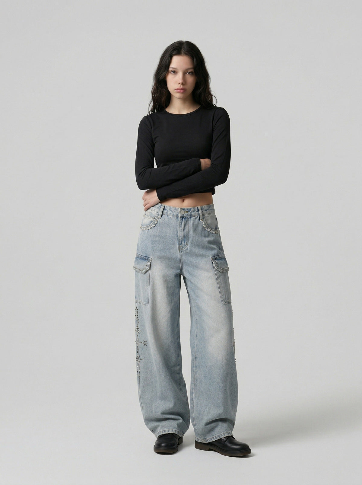 DAXUEN Light blue high-waisted wide-leg denim jeans — model photo
