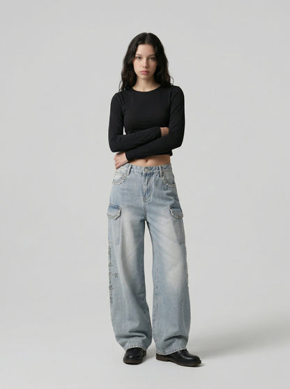DAXUEN Light blue high-waisted wide-leg denim jeans — model photo