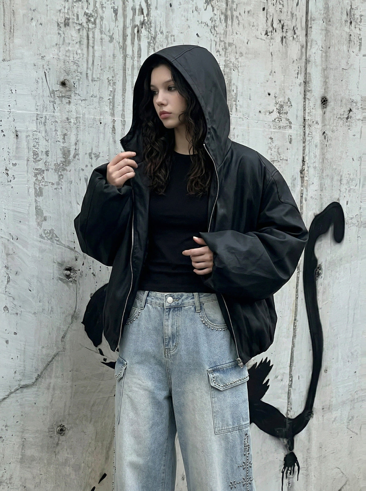 DAXUEN Light blue high-waisted wide-leg denim jeans — model photo