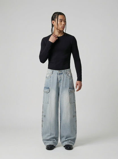 DAXUEN Light blue high-waisted wide-leg denim jeans — model photo