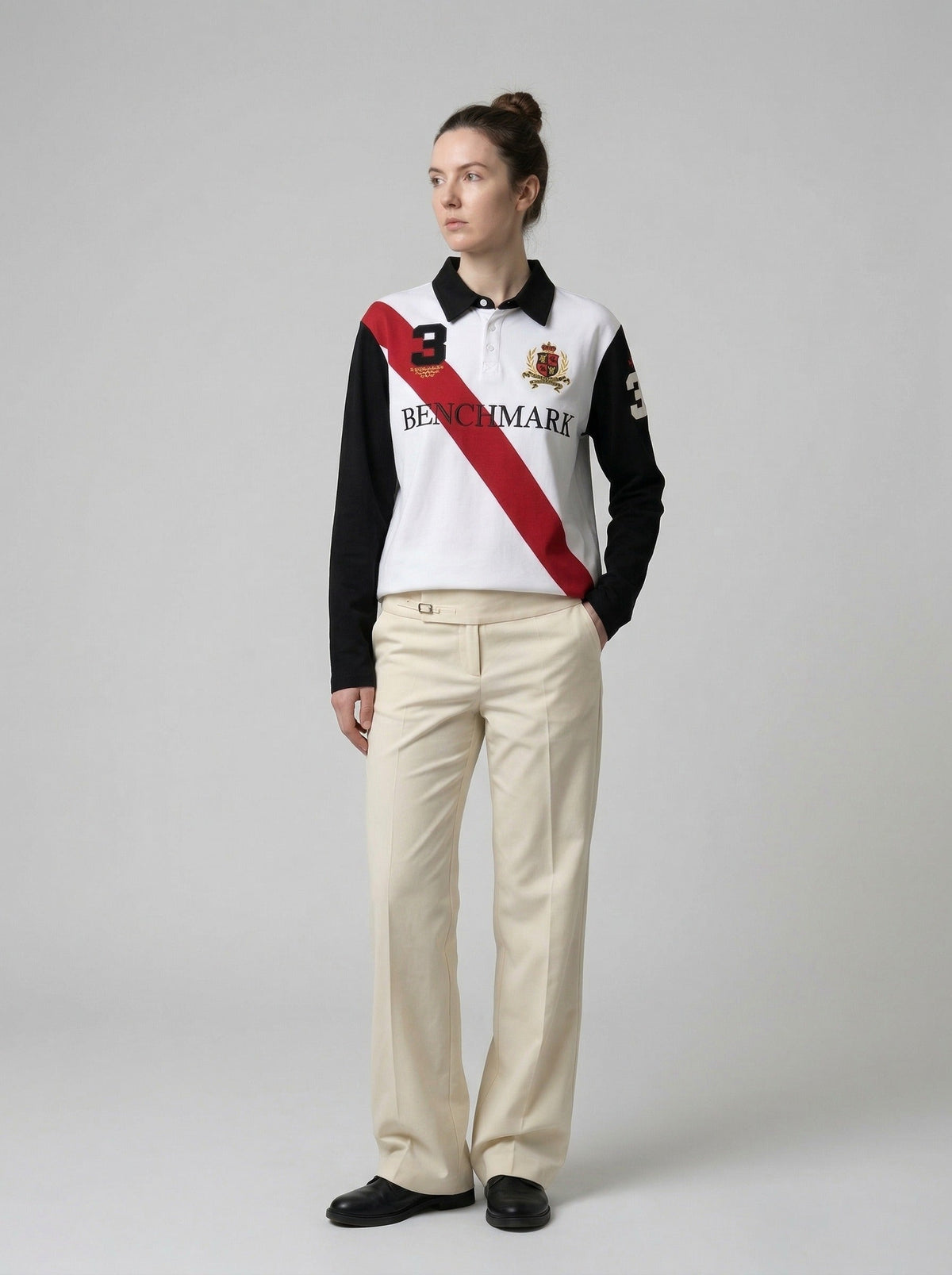 DAXUEN Retro long sleeve polo shirt with diagonal stripe — model photo