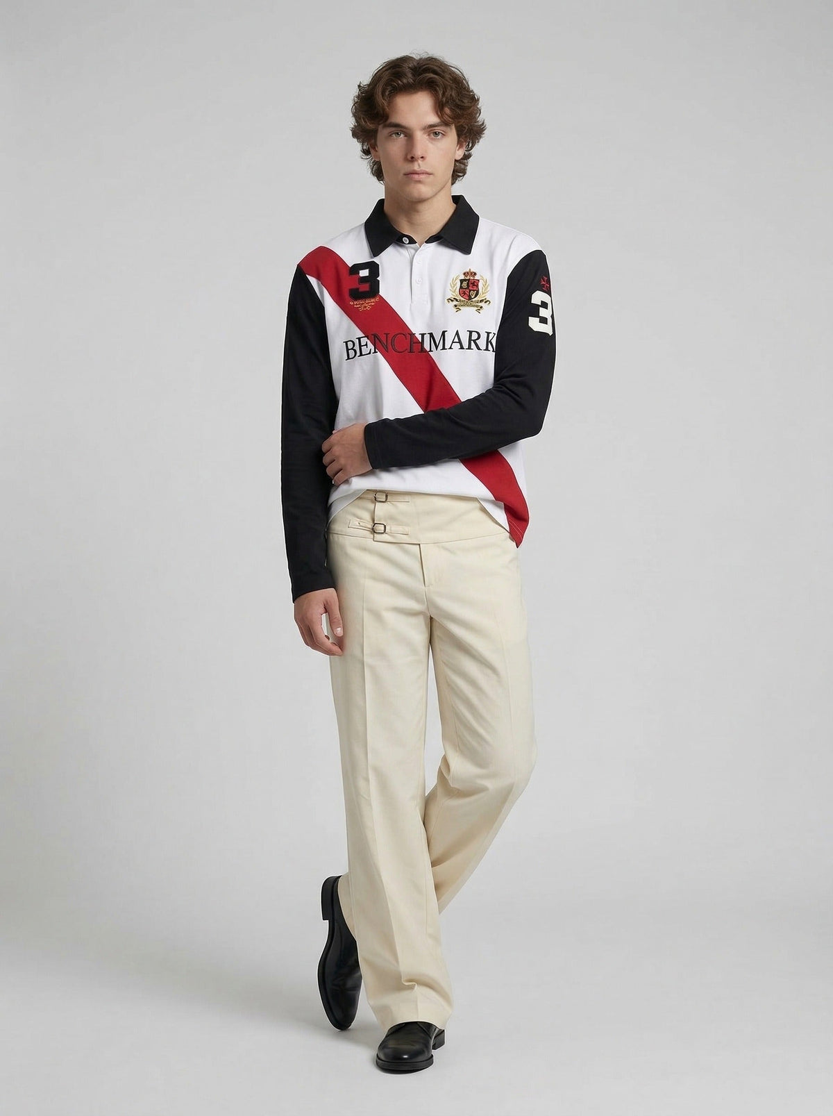 DAXUEN Retro long sleeve polo shirt with diagonal stripe — model photo