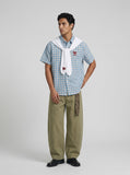 DAXUEN Checkered short-sleeved button-up shirt with embroidered details — model photo