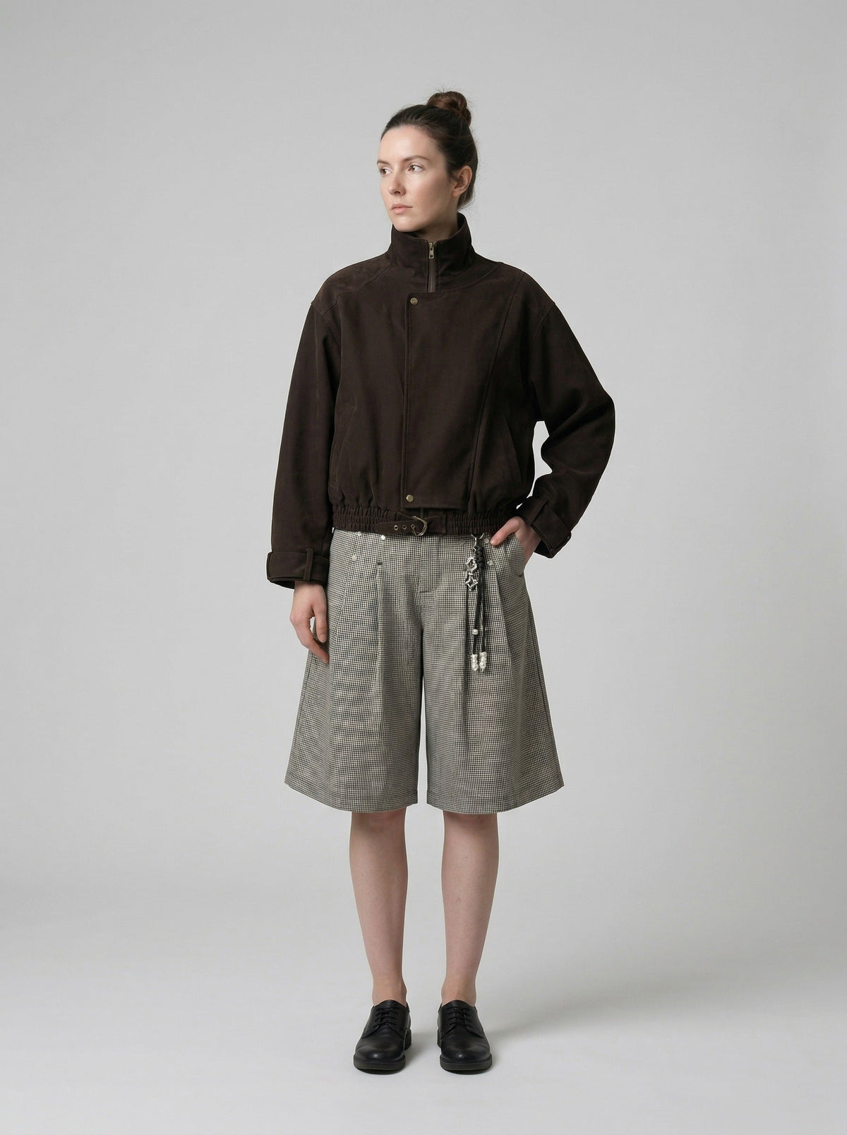 DAXUEN High-waisted wide-leg culotte shorts with micro-check pattern — model photo
