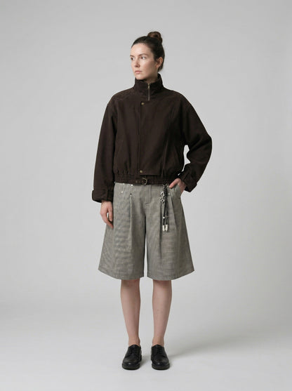 DAXUEN High-waisted wide-leg culotte shorts with micro-check pattern — model photo