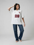 DAXUEN White short-sleeved polo shirt with pinstripes and graphics — model photo