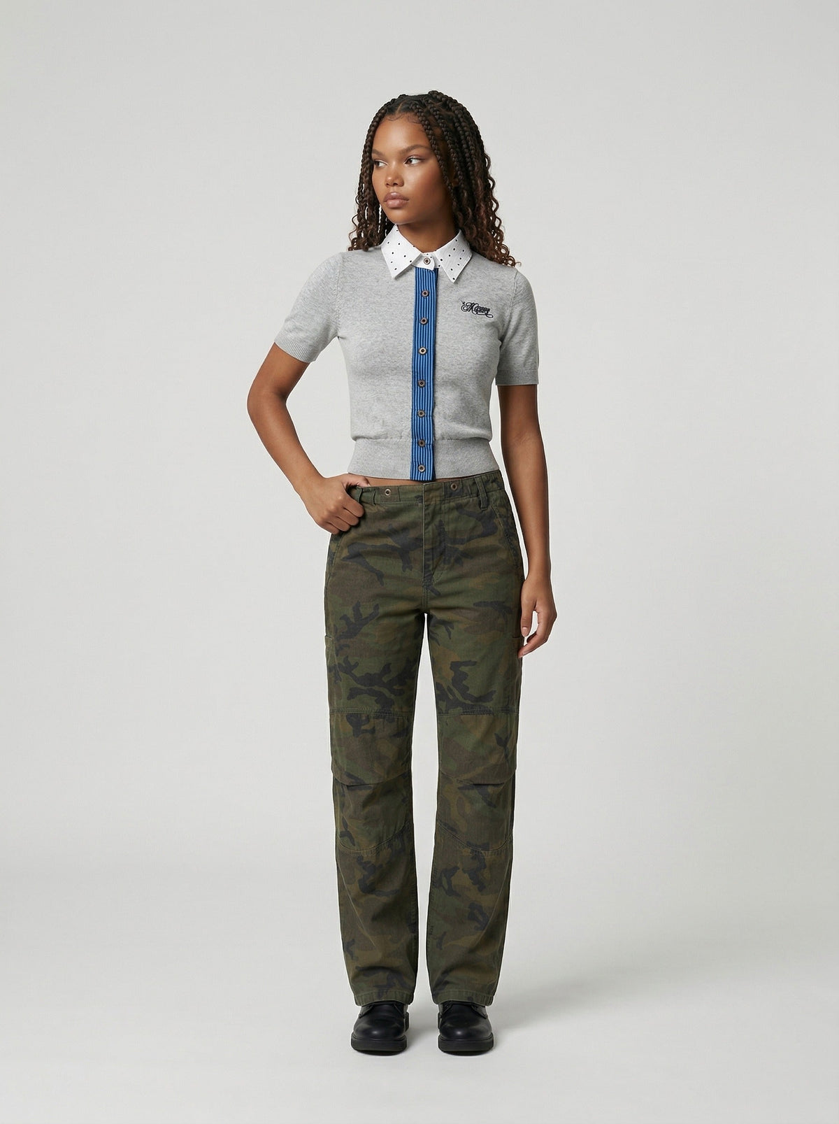 DAXUEN Retro polka dot knit polo top — model photo