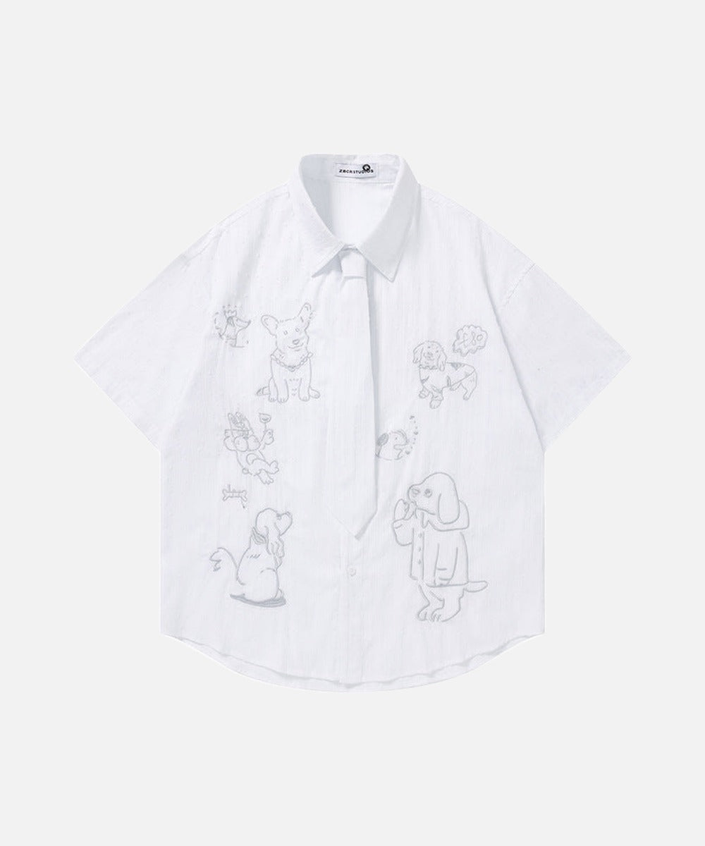 DAXUEN Retro puppy print button-up shirt with faux tie detail