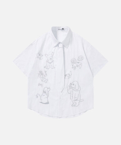 DAXUEN Retro puppy print button-up shirt with faux tie detail