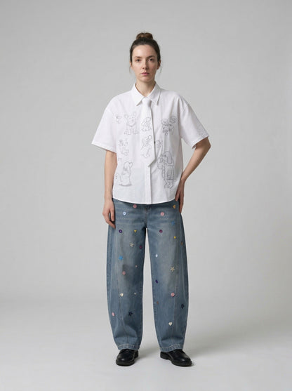 DAXUEN Retro puppy print button-up shirt with faux tie detail — model photo