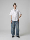 DAXUEN Retro puppy print button-up shirt with faux tie detail — model photo