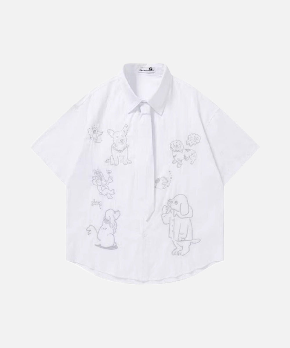 DAXUEN Retro puppy print button-up shirt with faux tie detail