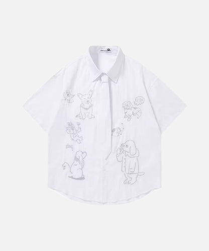 DAXUEN Retro puppy print button-up shirt with faux tie detail
