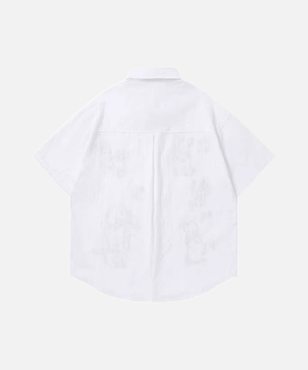 DAXUEN Retro puppy print button-up shirt with faux tie detail