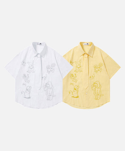DAXUEN Retro puppy print button-up shirt with faux tie detail
