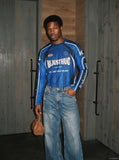 DAXUEN pink retro racing long sleeve t-shirt — model photo