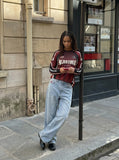 DAXUEN pink retro racing long sleeve t-shirt — model photo