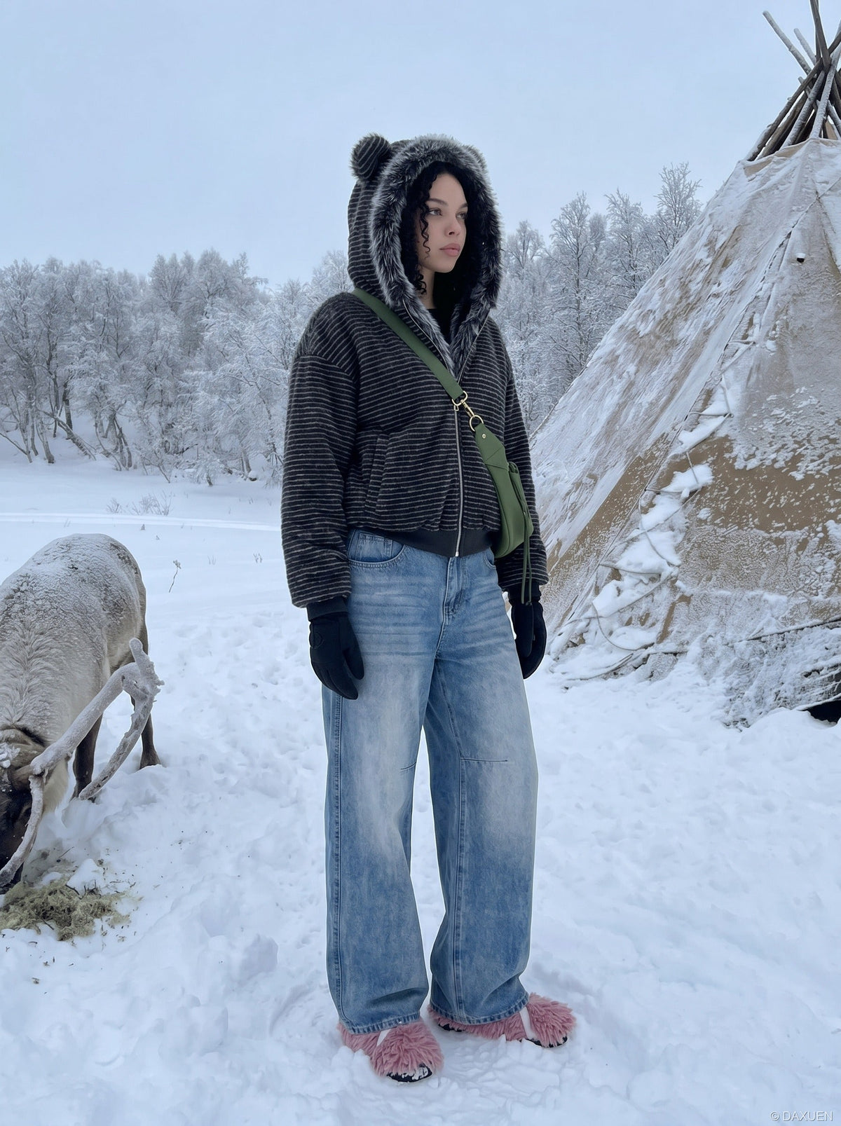 DAXUEN Light to medium blue denim wide-leg jeans — model photo