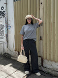 DAXUEN Retro striped mock neck short-sleeve t-shirt — model photo