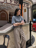 DAXUEN Retro striped mock neck short-sleeve t-shirt — model photo