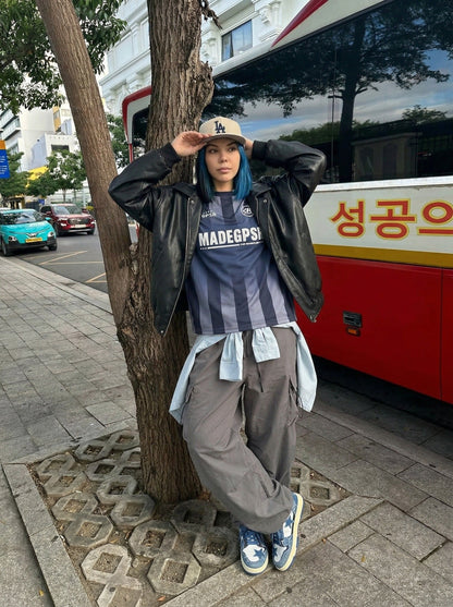 DAXUEN Oversized striped graphic T-shirt — model photo