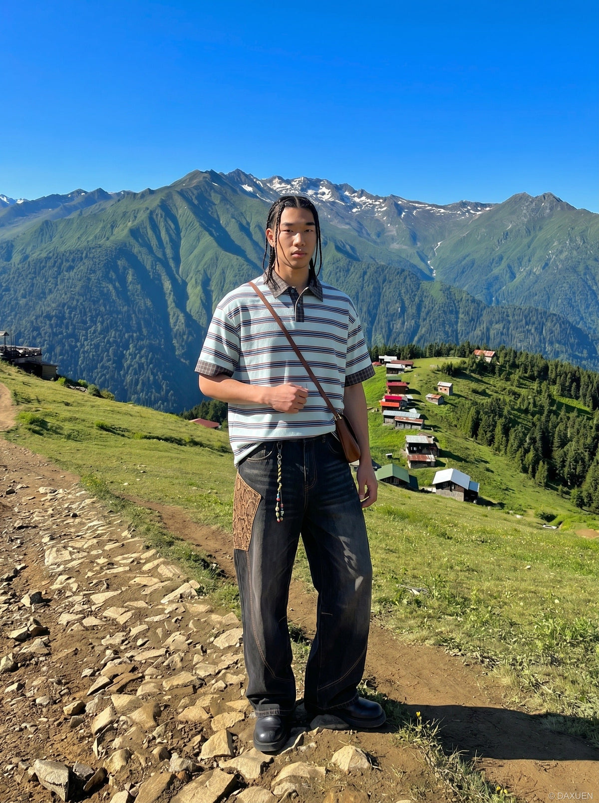 DAXUEN Retro striped short-sleeved polo shirt — model photo