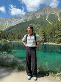 DAXUEN Retro striped short-sleeved polo shirt — model photo