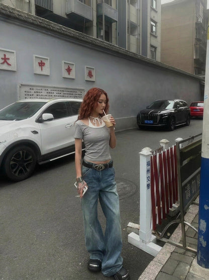 DAXUEN Retro two-piece short sleeve top ensemble — model photo
