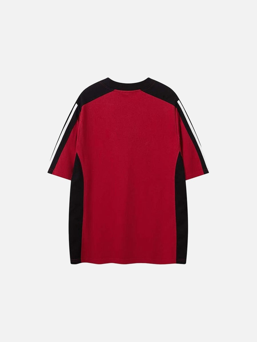 DAXUEN Oversized V-neck T-shirt with contrasting panels and graphics