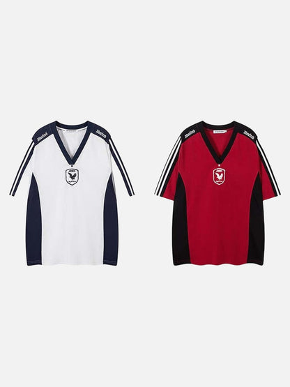 DAXUEN Oversized V-neck T-shirt with contrasting panels and graphics
