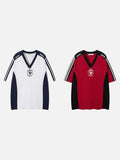 DAXUEN Oversized V-neck T-shirt with contrasting panels and graphics