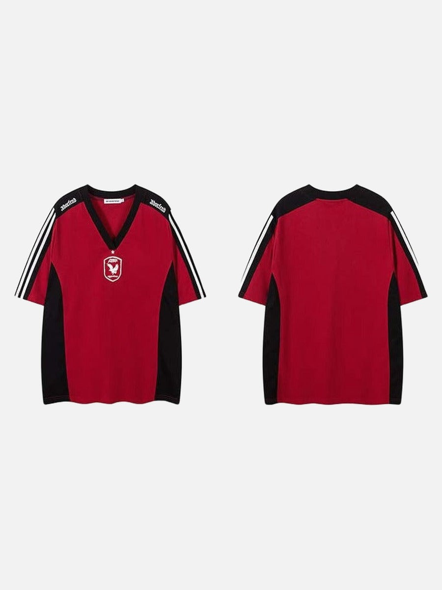 DAXUEN Oversized V-neck T-shirt with contrasting panels and graphics