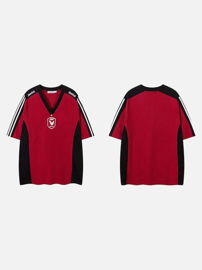 DAXUEN Oversized V-neck T-shirt with contrasting panels and graphics